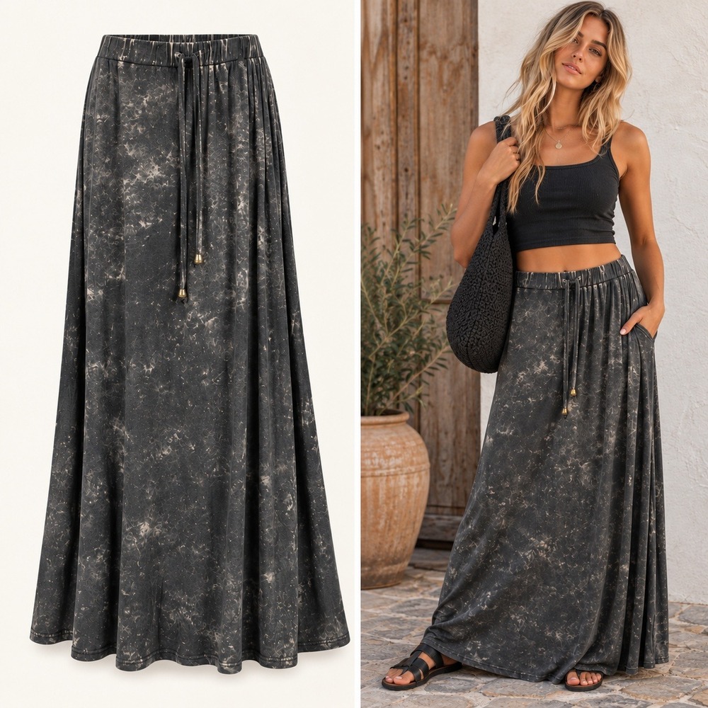 POL Maxi Skirt SZ M Charcoal Mineral Wash Drawstring Boho Grunge Indie Flowy